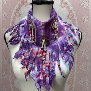 Handmade Beaded Fringe Scarf Necklace – Purple